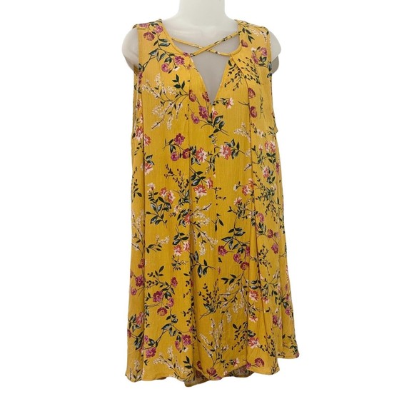 Umgee USA Yellow Floral Print Tunic Top Sleeveless Criss Cross Neck Tie Back M - Picture 3 of 11